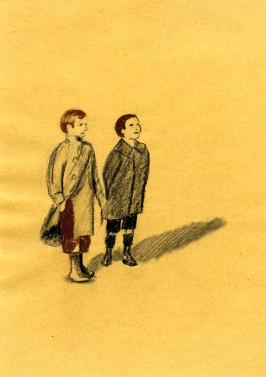 "Enfants sur le port de la Lune", Trois crayons sur papier craft, 
30 x 21, ©Erwan Venn 2024.